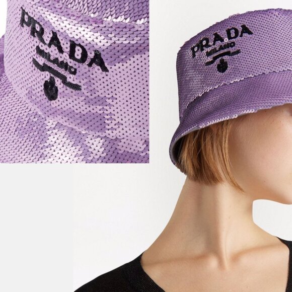 NWT Prada Logo Bucket Hat Purple Allover Sequins Embellished Medium - Picture 1 of 10
